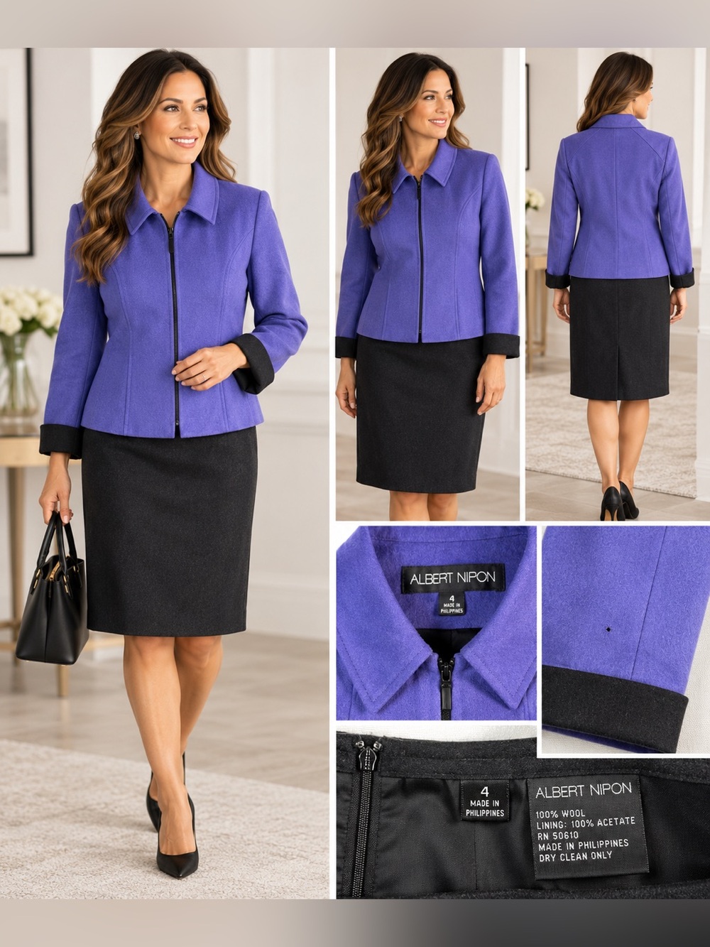 Albert Nipon Wool Skirt Suit Size 4 Purple Black Zip Jacket 2 Piece Set
